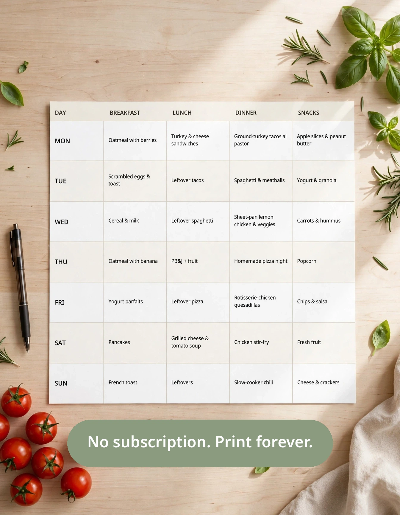 Styled mockup of the filled-in example week page from The Weekly Table meal planning printable